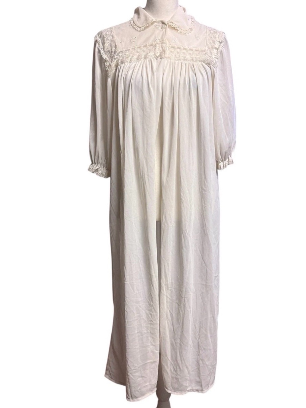 Vintage 1960' Lace 2 Button Detail Peignoir Robe Cream 3/4 Sleeve Size S F9